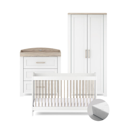 Silver Cross Valencia 4 Piece Nursery Furniture Set with TrueFit™ Eco Fibre Mattress - White & Natural Ash