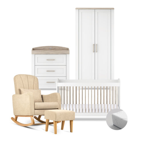 Silver Cross Valencia 5 Piece Nursery Furniture Set with Carmel Nursing Chair & Mattress – White & Natural Ash