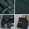 Another collage featuring close-up shots of the stroller’s secure five-point harness, textured quilted fabric, front wheel and footrest area, and a woman carrying the black travel bag with the 