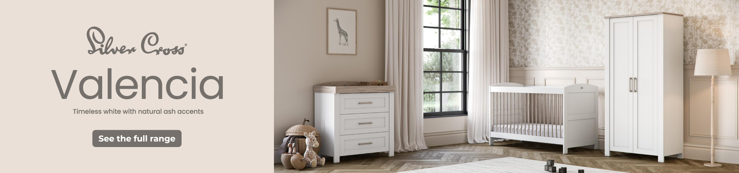 Silver Cross Valencia nursery furniture set in white with ash accents – cot bed, wardrobe, and dresser.