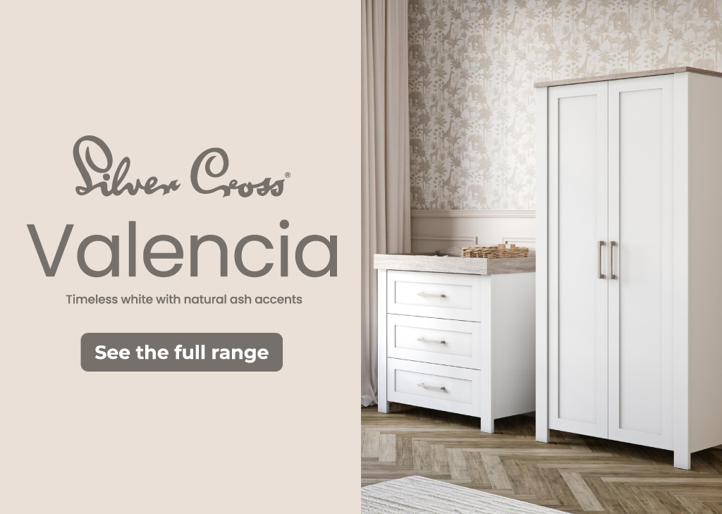 Silver Cross Valencia nursery furniture set in white with ash accents – cot bed, wardrobe, and dresser.