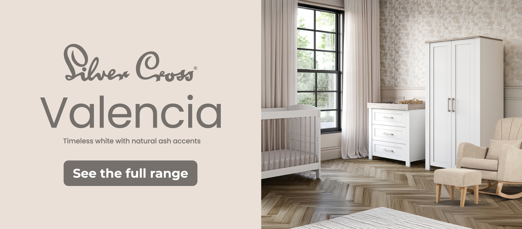 Silver Cross Valencia nursery furniture set in white with ash accents – cot bed, wardrobe, and dresser.
