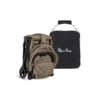 The stroller is shown in its folded state, demonstrating its compact design. It is neatly packed beside a black travel bag with the 