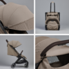 A collage of four close-up images highlighting key features of the stroller, including the extended canopy, the stroller in its folded form, a side profile, and a mesh ventilation window at the back.