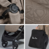 Another close-up collage showcasing the stroller's five-point harness, the quilted fabric texture, the front wheels and footrest, and a woman carrying the black travel bag with the 
