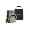 The stroller is folded into a compact form, demonstrating its easy portability. It is placed next to a black travel bag with 