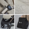 Another collage showcasing the stroller’s secure five-point harness, quilted fabric texture, front wheel and footrest area, and a woman carrying the black travel bag with the 