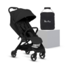 A sleek, all-black baby stroller from Silver Cross, featuring a quilted seat, adjustable canopy, and five-point harness. The stroller has a black frame with matching black handlebars. A black travel bag with the 