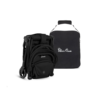 The stroller is folded into a compact form, demonstrating its easy portability. It is placed next to a black travel bag with 
