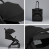 A collage of four close-up shots highlighting the stroller’s extended canopy, folded form, side profile, and rear mesh ventilation window.