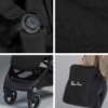 Another collage showcasing the stroller’s secure five-point harness, quilted fabric texture, front wheel and footrest area, and a woman carrying the black travel bag with the 