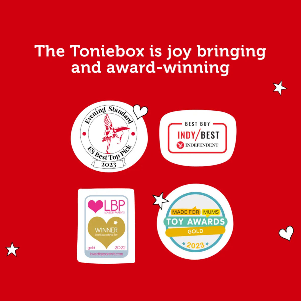 Toniebox with four toy award badges from 2022 and 2023 on a red background with stars and hearts.