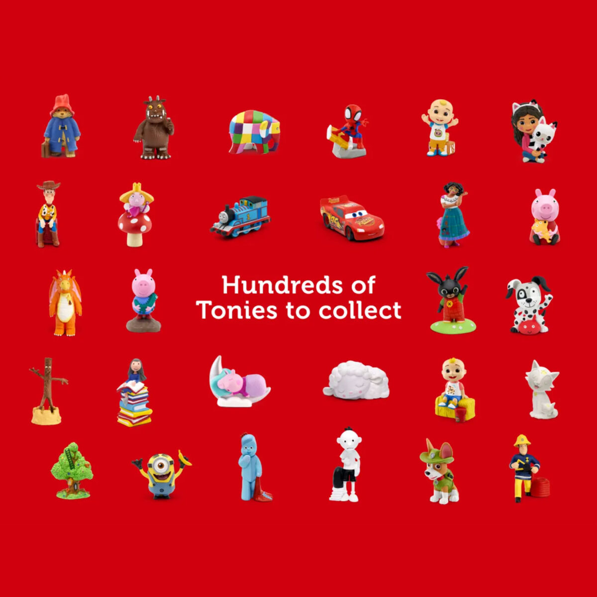 Tonie characters like Peppa Pig, Minions, and Thomas on red background with text 'Hundreds to collect