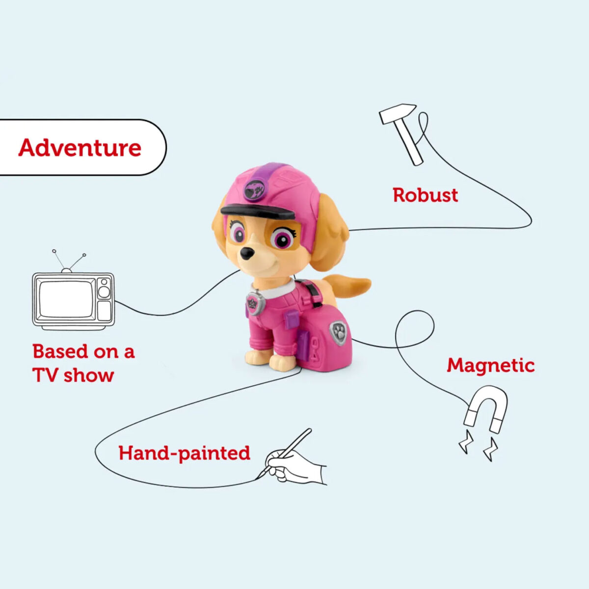 Skye PAW Patrol Tonie with icons showing it's hand-painted, magnetic, robust, and TV-show base