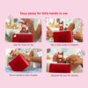 Four steps showing kids using a red Toniebox with Tonie figure: play, skip, rewind, and control volume.