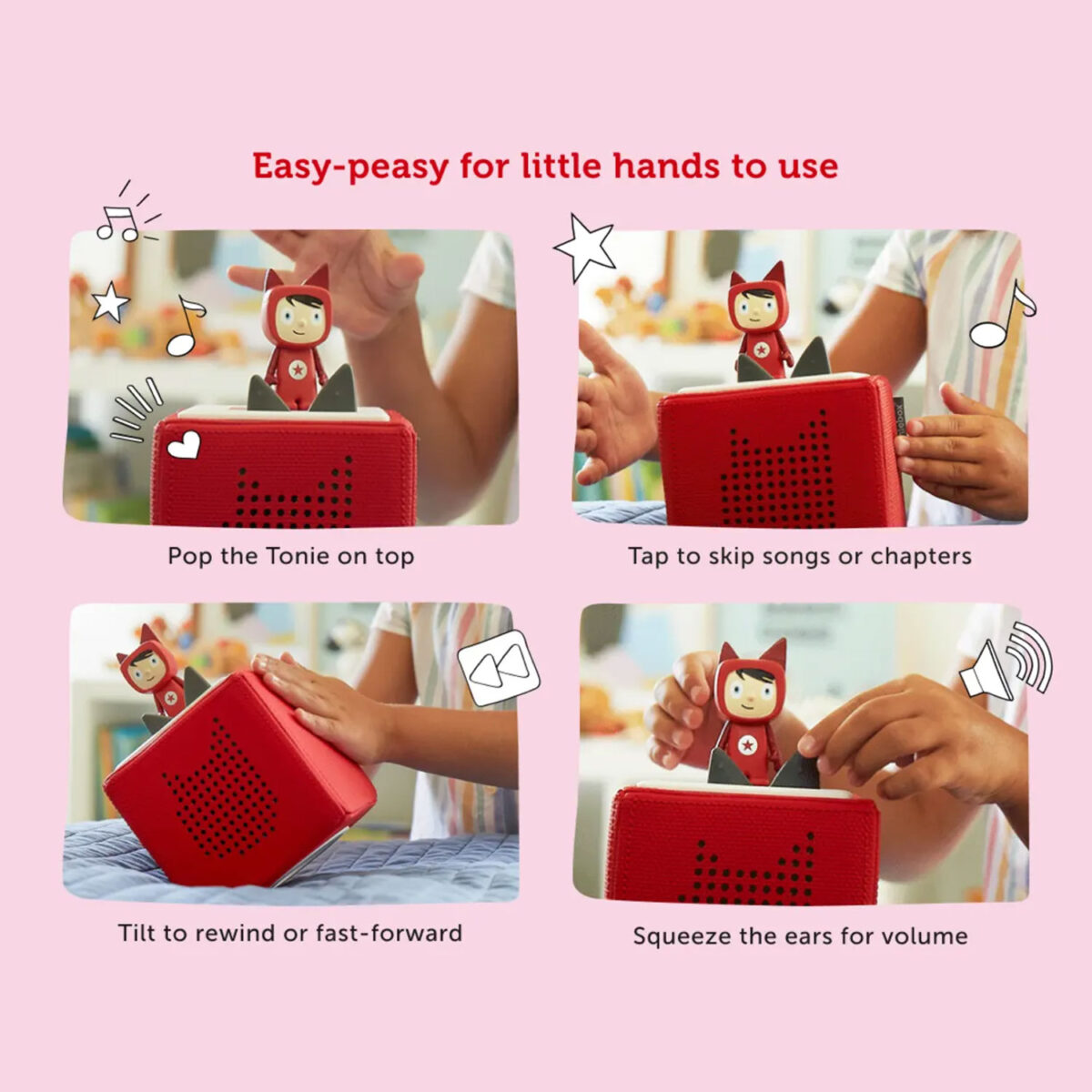 Four steps showing kids using a red Toniebox with Tonie figure: play, skip, rewind, and control volume.