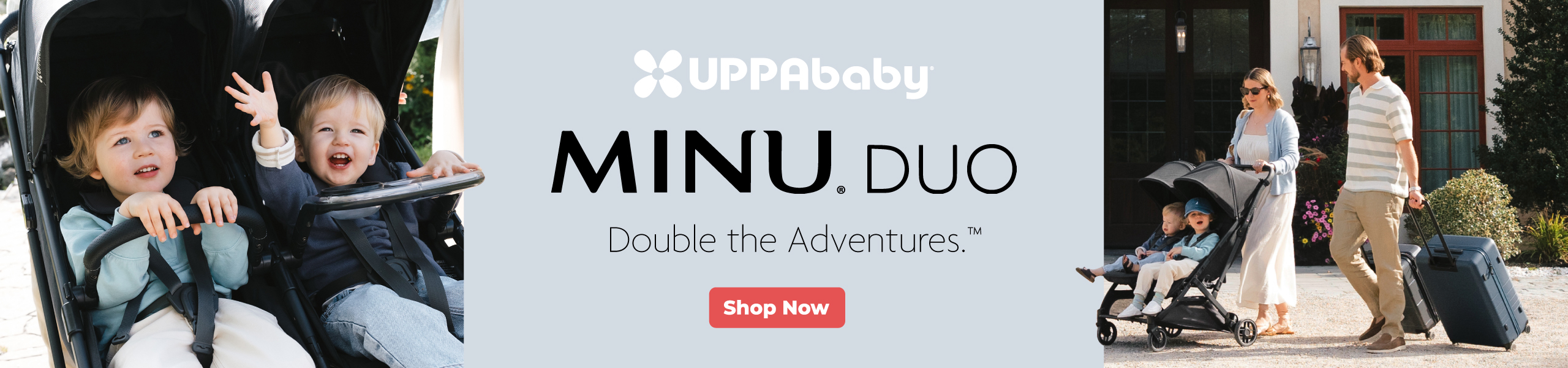UPPAbaby MINU Duo stroller with two smiling kids, parents walking beside stroller with luggage.