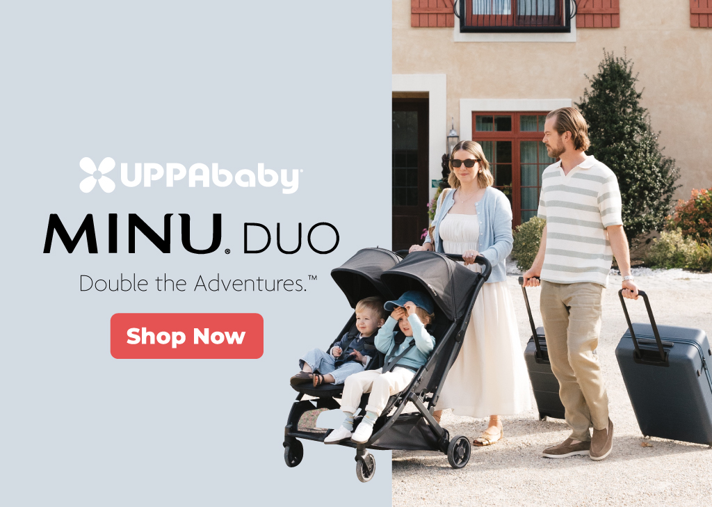 UPPAbaby MINU Duo stroller with two smiling kids, parents walking beside stroller with luggage.