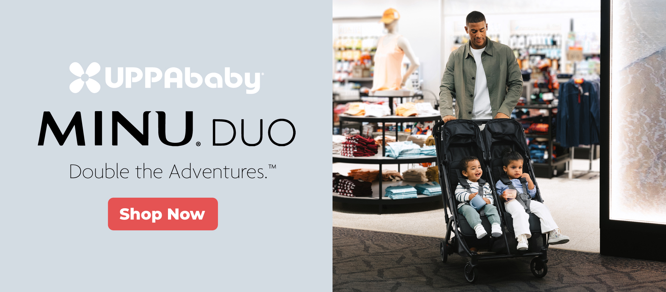 UPPAbaby MINU Duo stroller with two smiling kids, parents walking beside stroller with luggage.