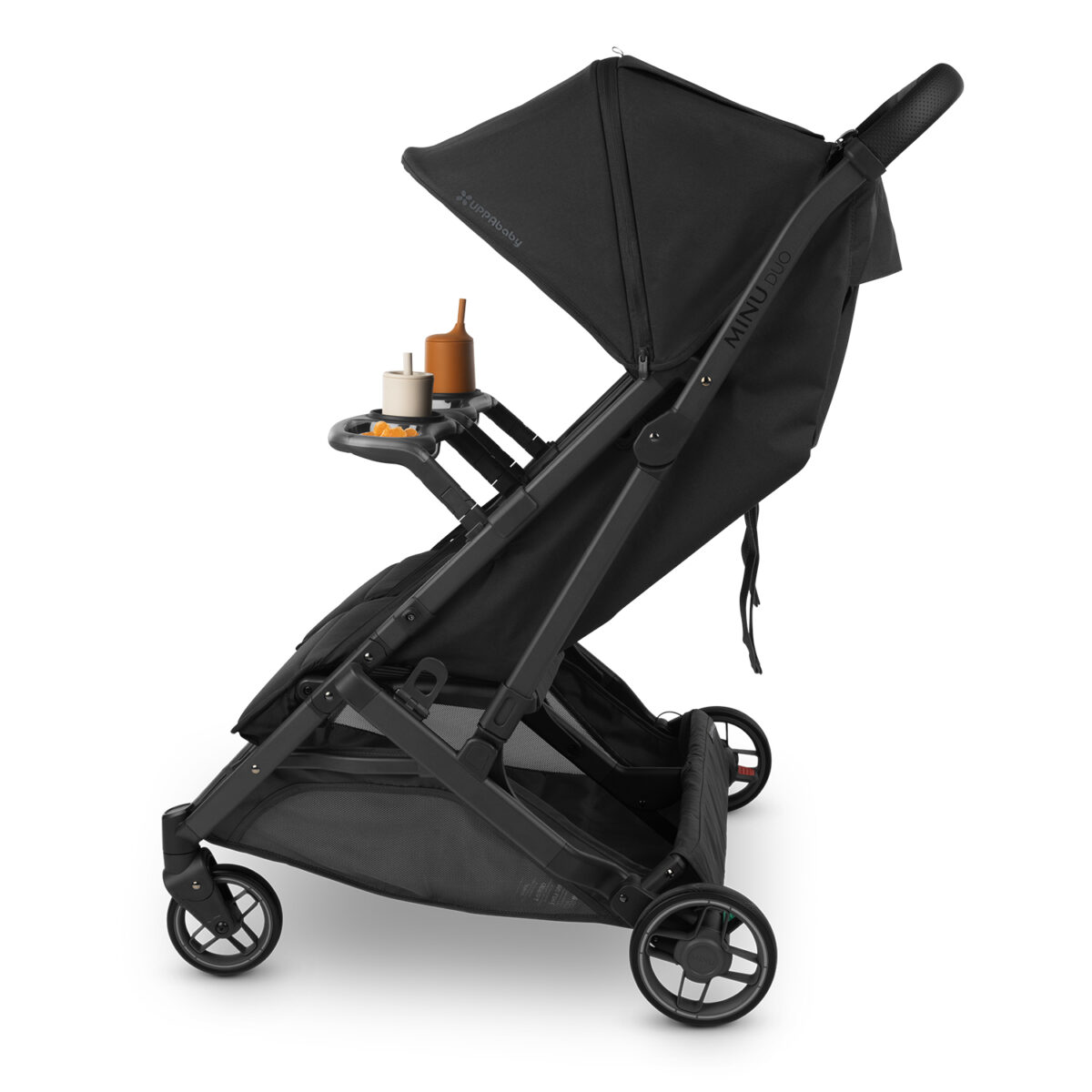 Uppababy Minu Duo Stroller Snack Tray Configured on stroller Holding snacks & Drinks
