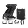 Uppababy Minu Duo Stroller in Jake featuring travel accessories such as two bumber bars, car seat adapters, snack tray & travel bag.