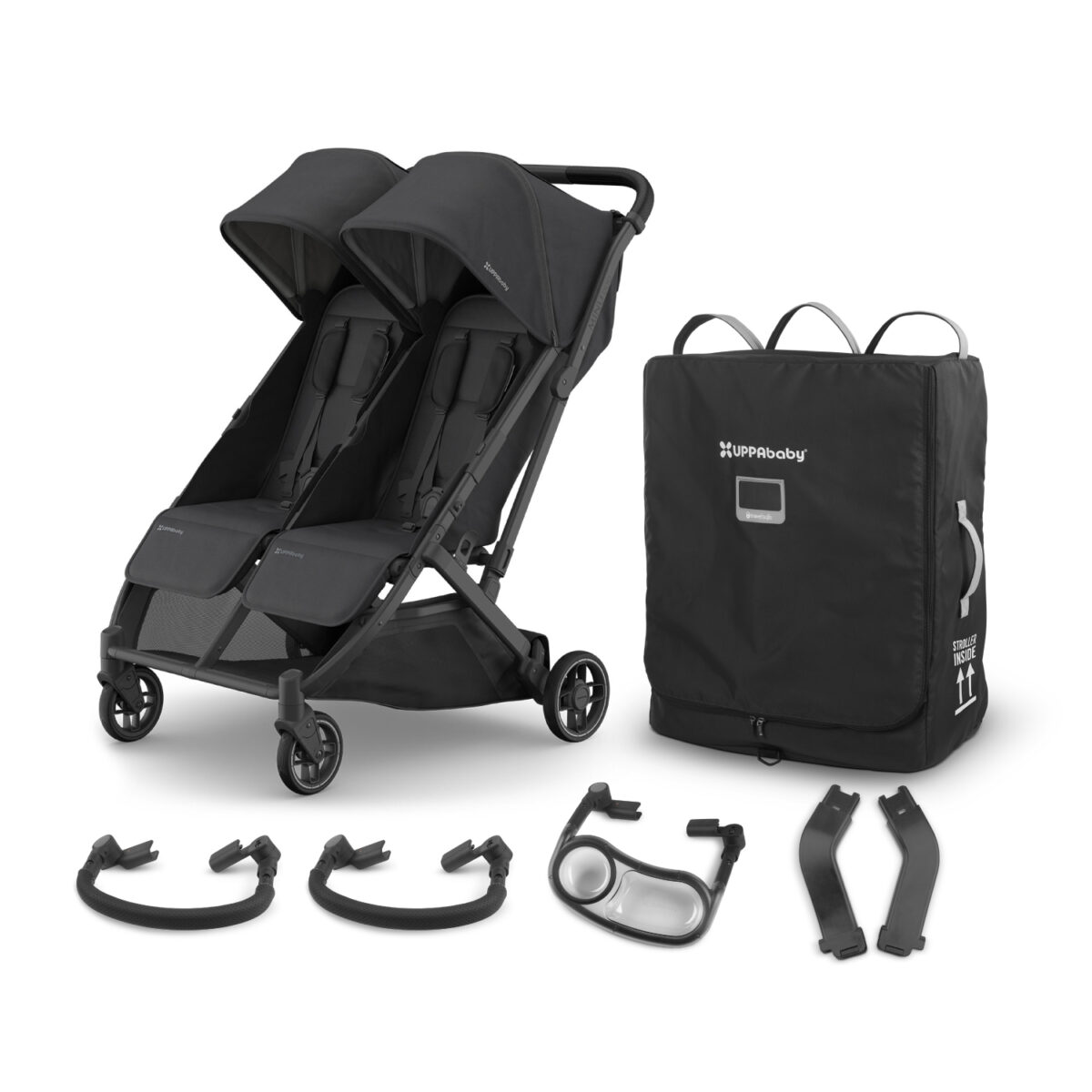 Uppababy Minu Duo Stroller in Jake featuring travel accessories such as two bumber bars, car seat adapters, snack tray & travel bag.