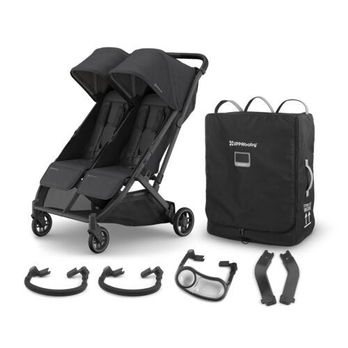 Uppababy Minu Duo Stroller in Jake featuring travel accessories such as two bumber bars, car seat adapters, snack tray & travel bag.