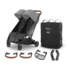 Uppababy Minu Duo Stroller in Greyson featuring travel accessories such as two bumber bars, car seat adapters, snack tray & travel bag.