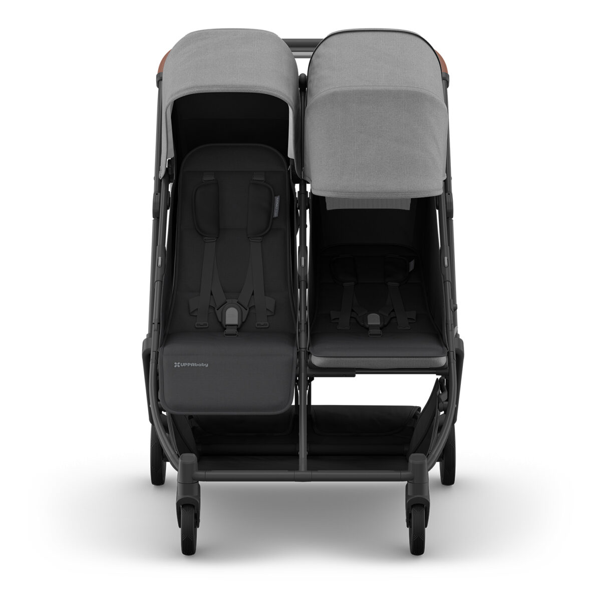 Uppababy-Minu-Duo-Twin-Pushchair-Greyson-Grey-Front-Extended-Hood-Fully-Reclined