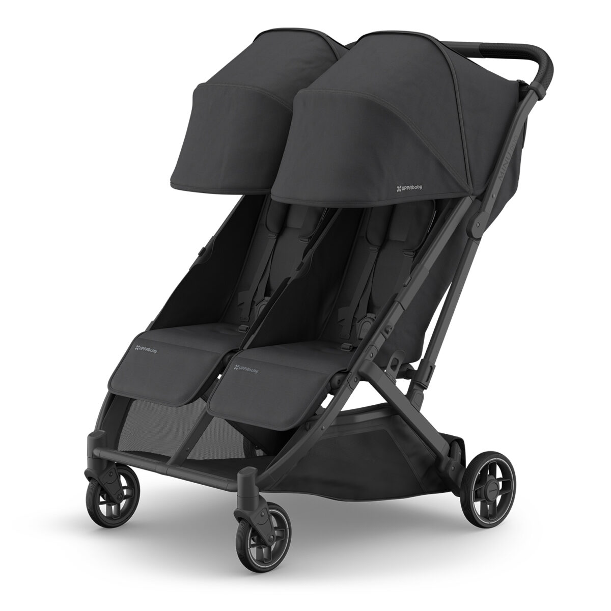 Uppababy Minu Duo Twin Pushchair Jake Black Front Seats Upright Extended Hood