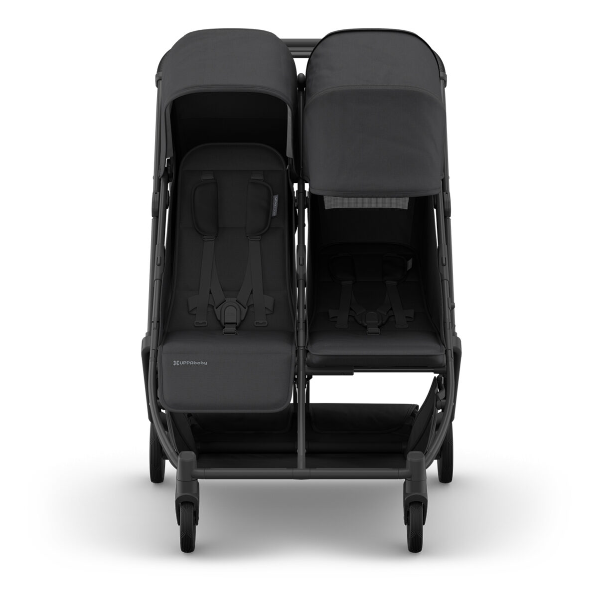 Uppababy Minu Duo Twin Pushchair Jake Black Front Seats Upright and Fully Reclined with Extended Hood