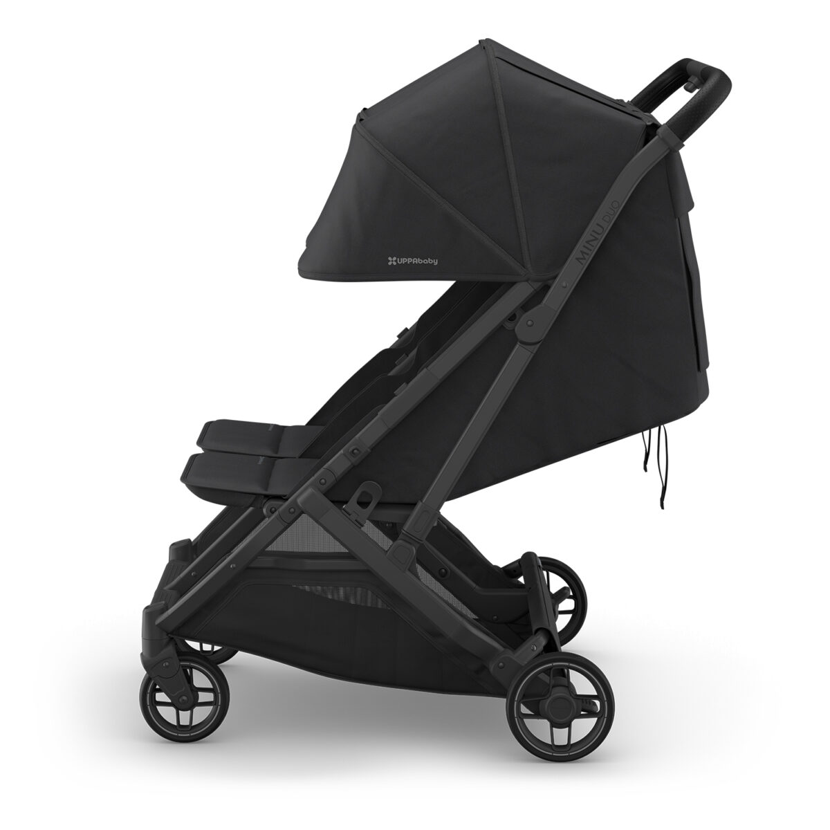 Uppababy Minu Duo Twin Pushchair Jake Black Side Seats Fully Reclined Extended Hood