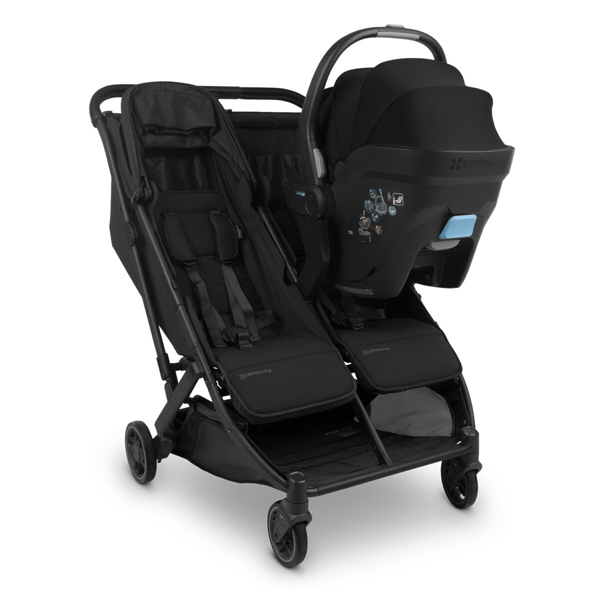 Uppababy Minu Duo Twin Pushchair Jake Black with Mesa Adapters and Car Seat
