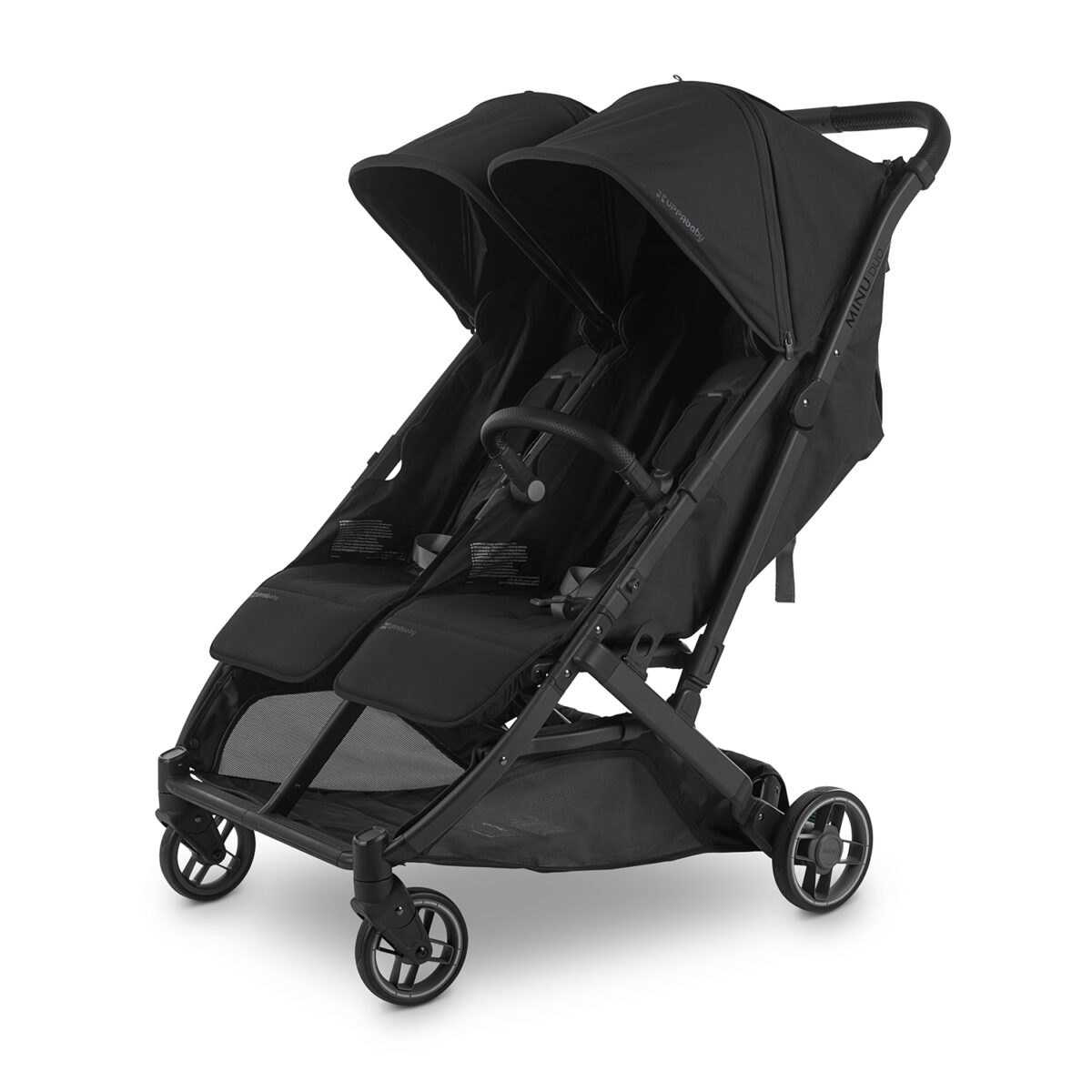 A single Uppababy Minu Duo Stroller Bumper Bar in Black confgured on the left side of the double stroller.