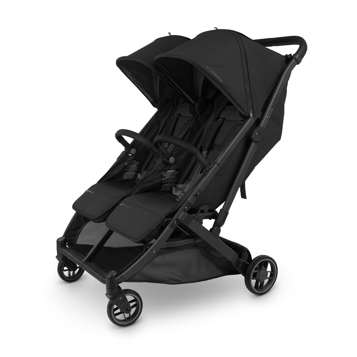 Uppababy Minu Duo Stroller Bumper Bar in Black configured & installed on both sidesof the double stroller.
