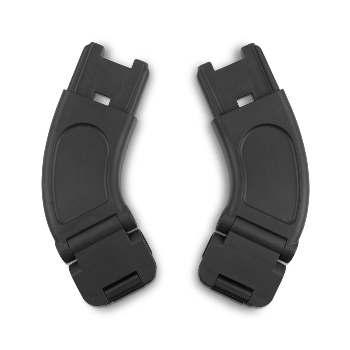 Black stroller adapters with curved design and hinge joints, placed side by side on white background.