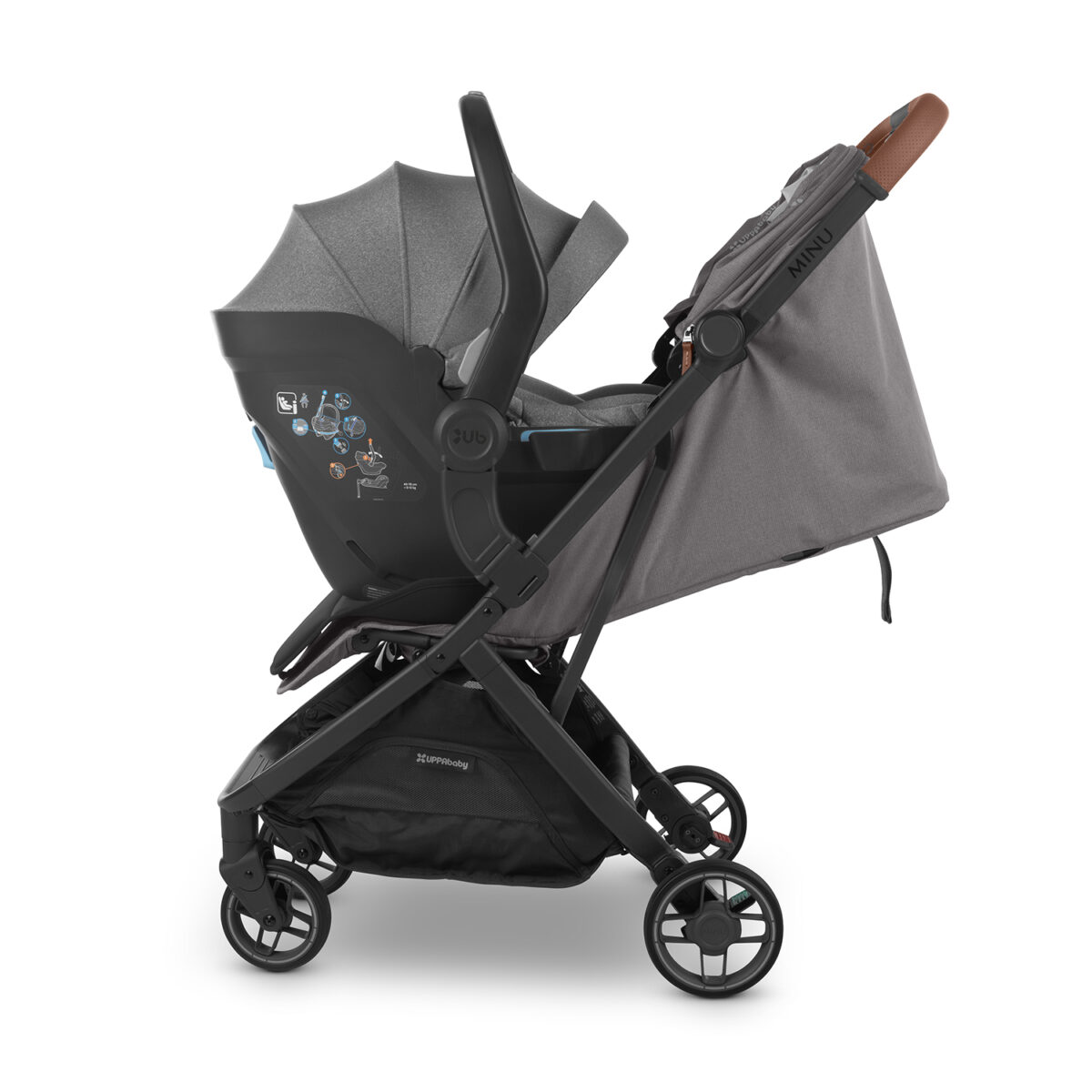 Grey infant car seat attached to a matching grey UPPAbaby stroller frame with brown handlebar.