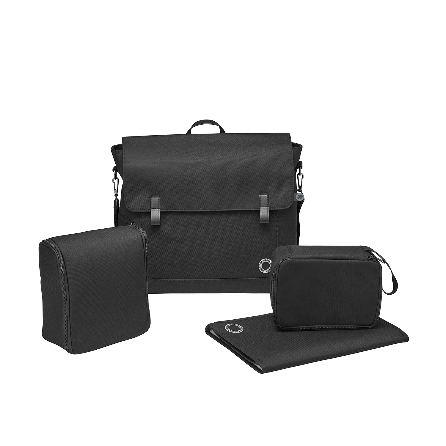 Maxi-Cosi modern changing bag in black with bottle holder, toiletry case, and foldable mat.