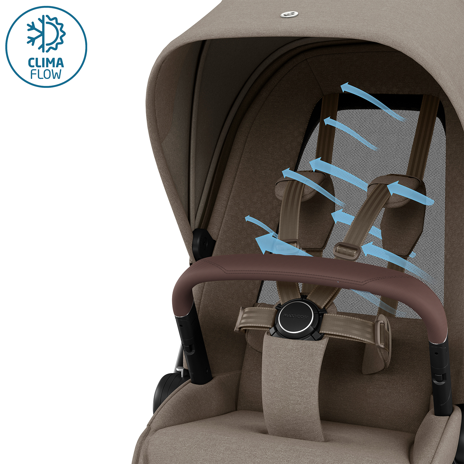 Maxi-Cosi stroller seat with ClimaFlow mesh backrest for optimal baby comfort and ventilation.