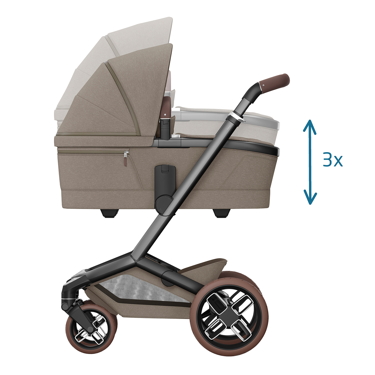 Maxi-Cosi carrycot with 3-position height adjustable frame for easy access and ergonomic use.