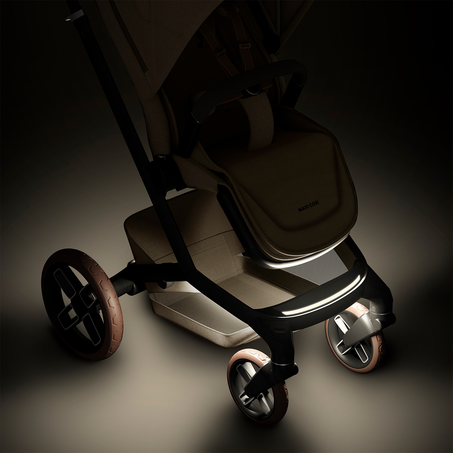 Maxi cosi fame pushchair with LED Lights on in the dark.