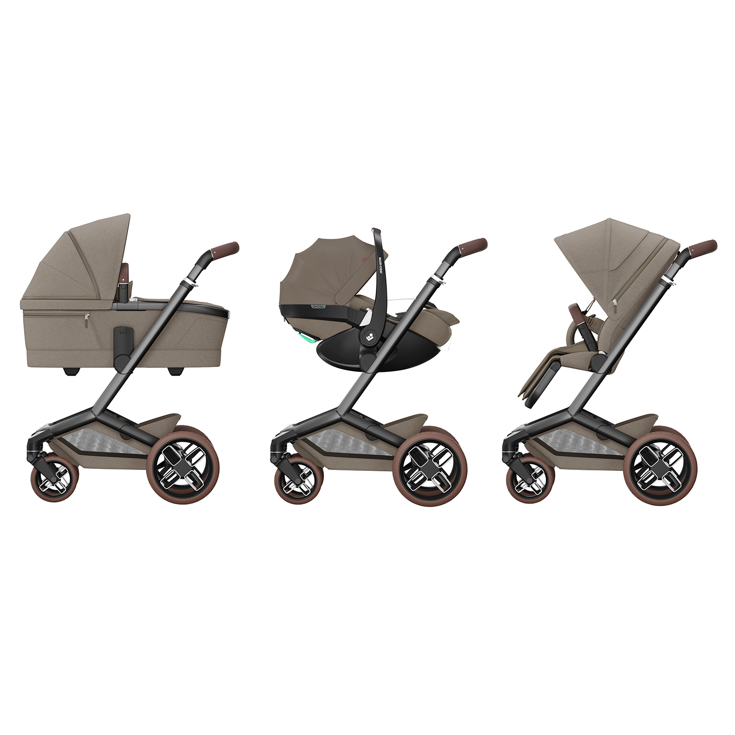 Maxi-Cosi 3-in-1 travel system with carrycot, infant car seat, and pushchair in Twillic Truffle.