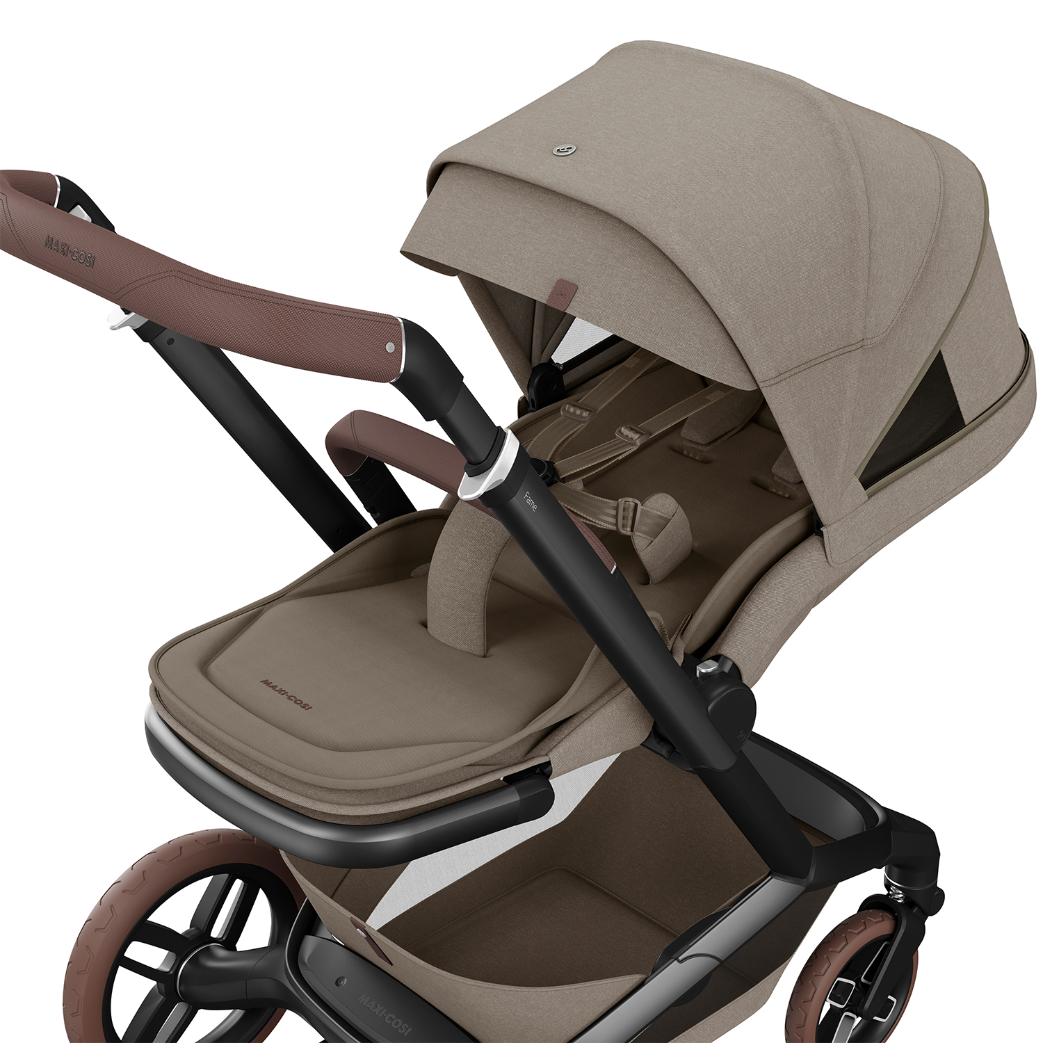 Maxi-Cosi ergonomic stroller seat in Twillic Truffle with padded harness and adjustable canopy.