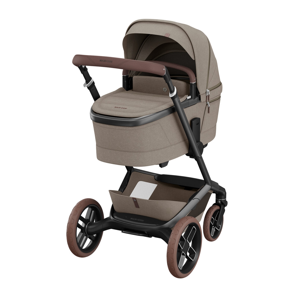 Maxi-Cosi stroller with carrycot in Twillic Truffle, rear view showing basket and handlebar.