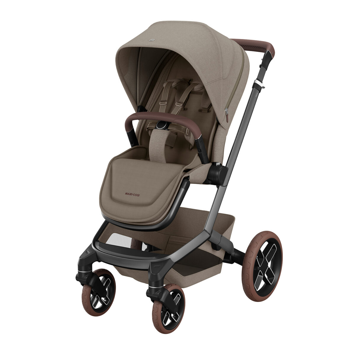 Maxi-Cosi Fame stroller in Twillic Truffle with padded seat, large canopy, and brown leatherette handle.