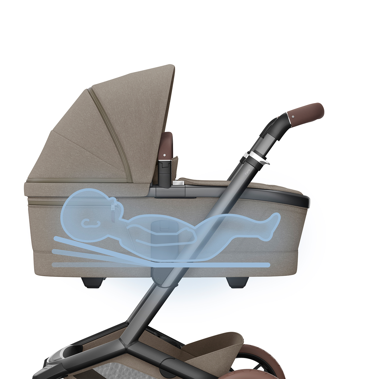 Maxi-Cosi carrycot with anti-reflux lie-flat position for newborn comfort and ergonomic alignment.
