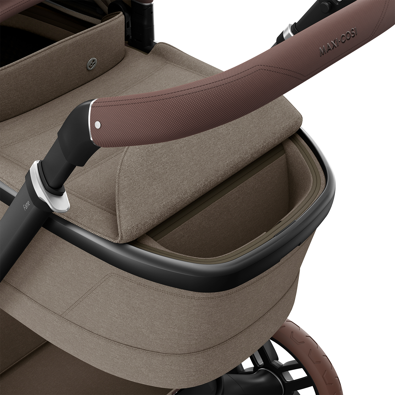 Maxi-Cosi carrycot rear storage pocket for essentials, shown in Twillic Truffle brown close-up.
