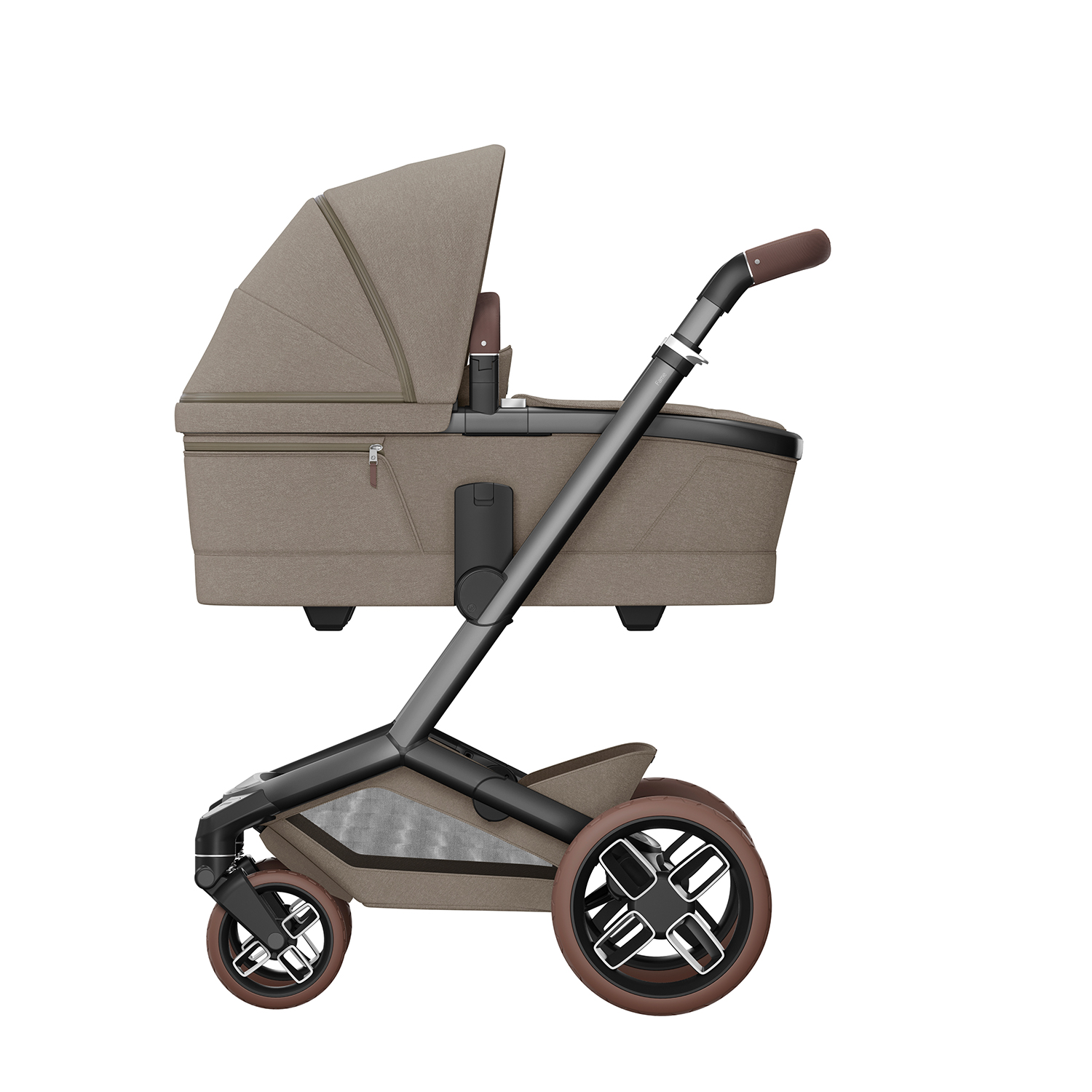 Maxi-Cosi Fame stroller with full-size carrycot in Twillic Truffle, newborn-ready setup side view.