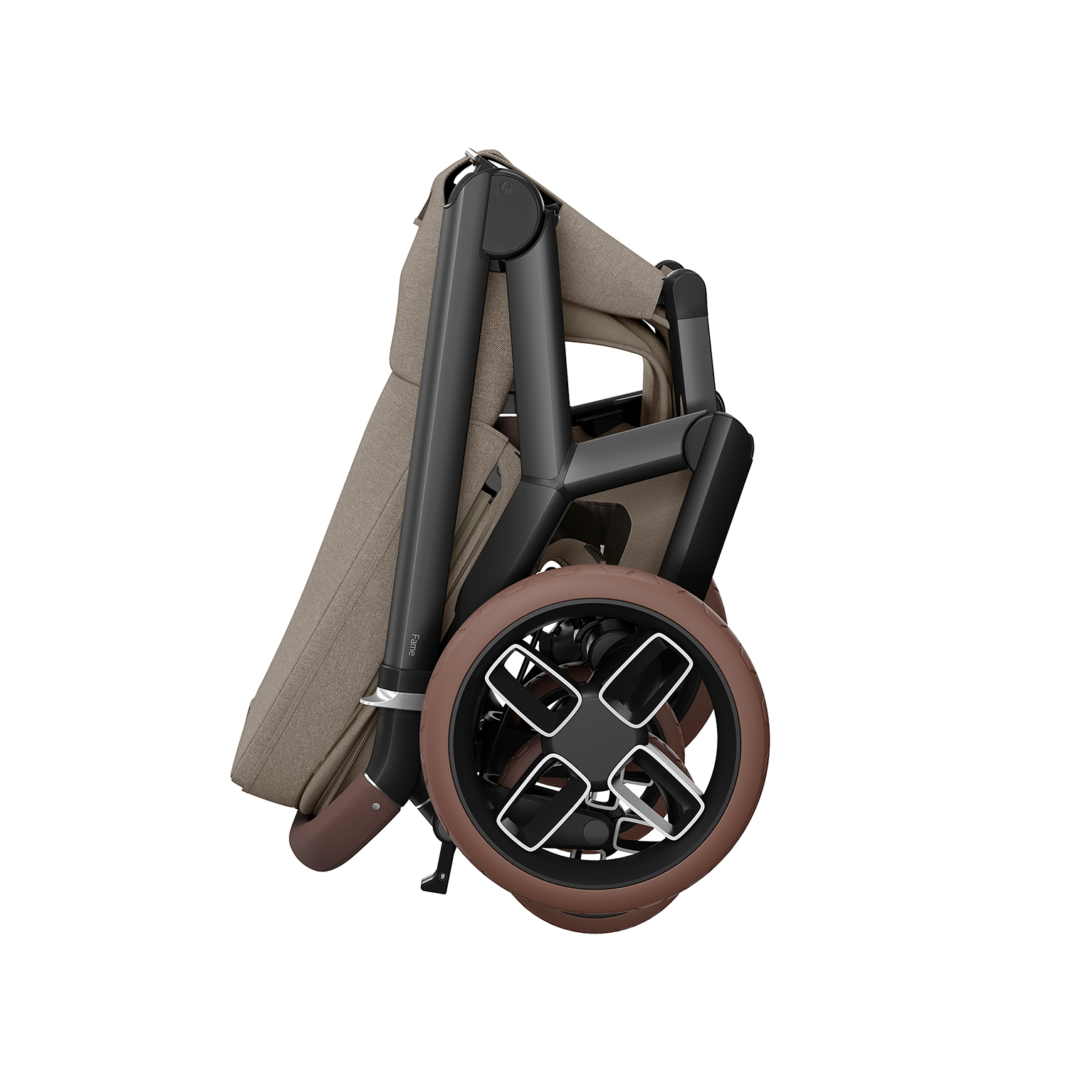 Compact folded Maxi-Cosi Fame stroller in Twillic Truffle with brown wheels for easy storage.