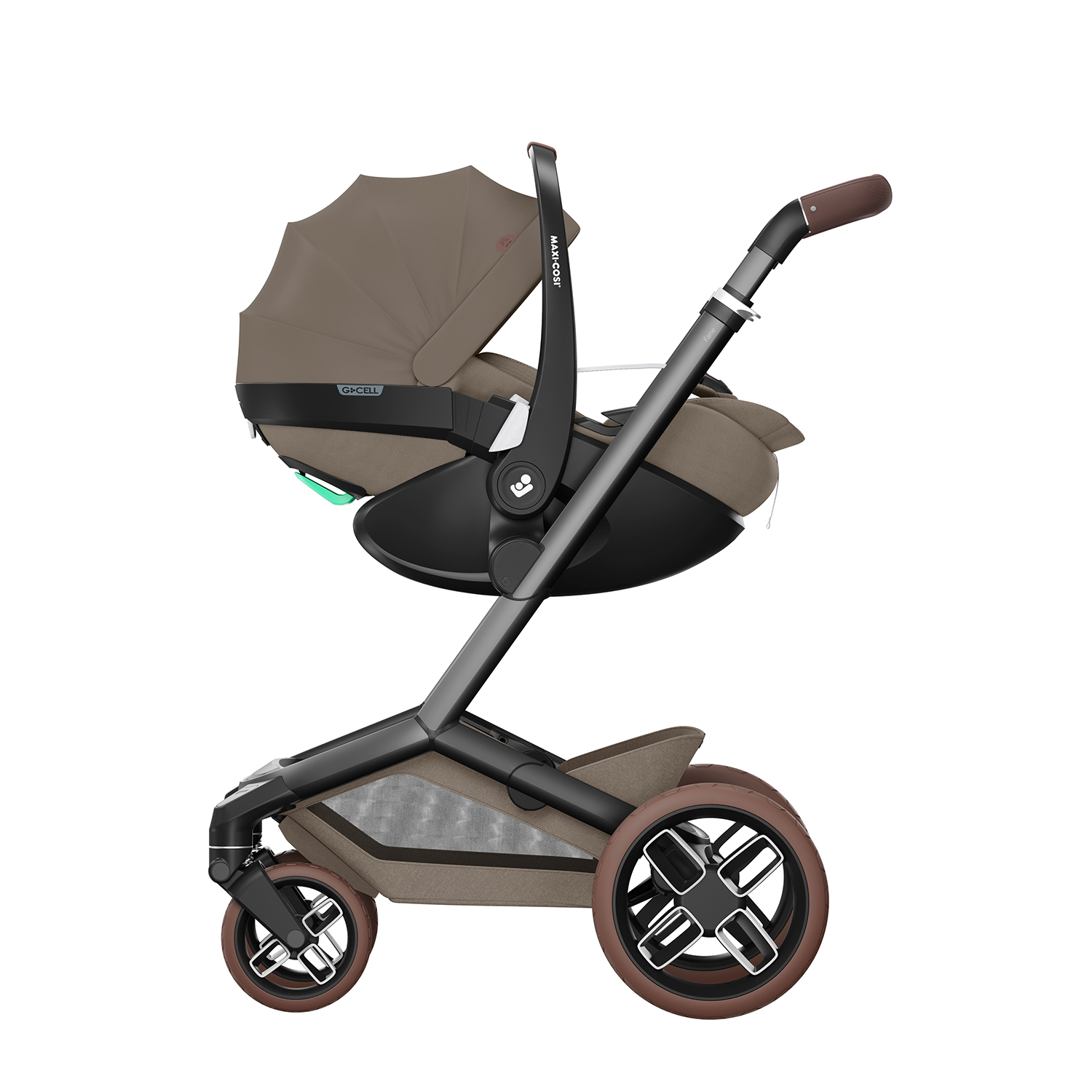 Maxi-Cosi Fame stroller with Pebble 360 Pro2 baby car seat in Twillic Truffle, travel system mode.